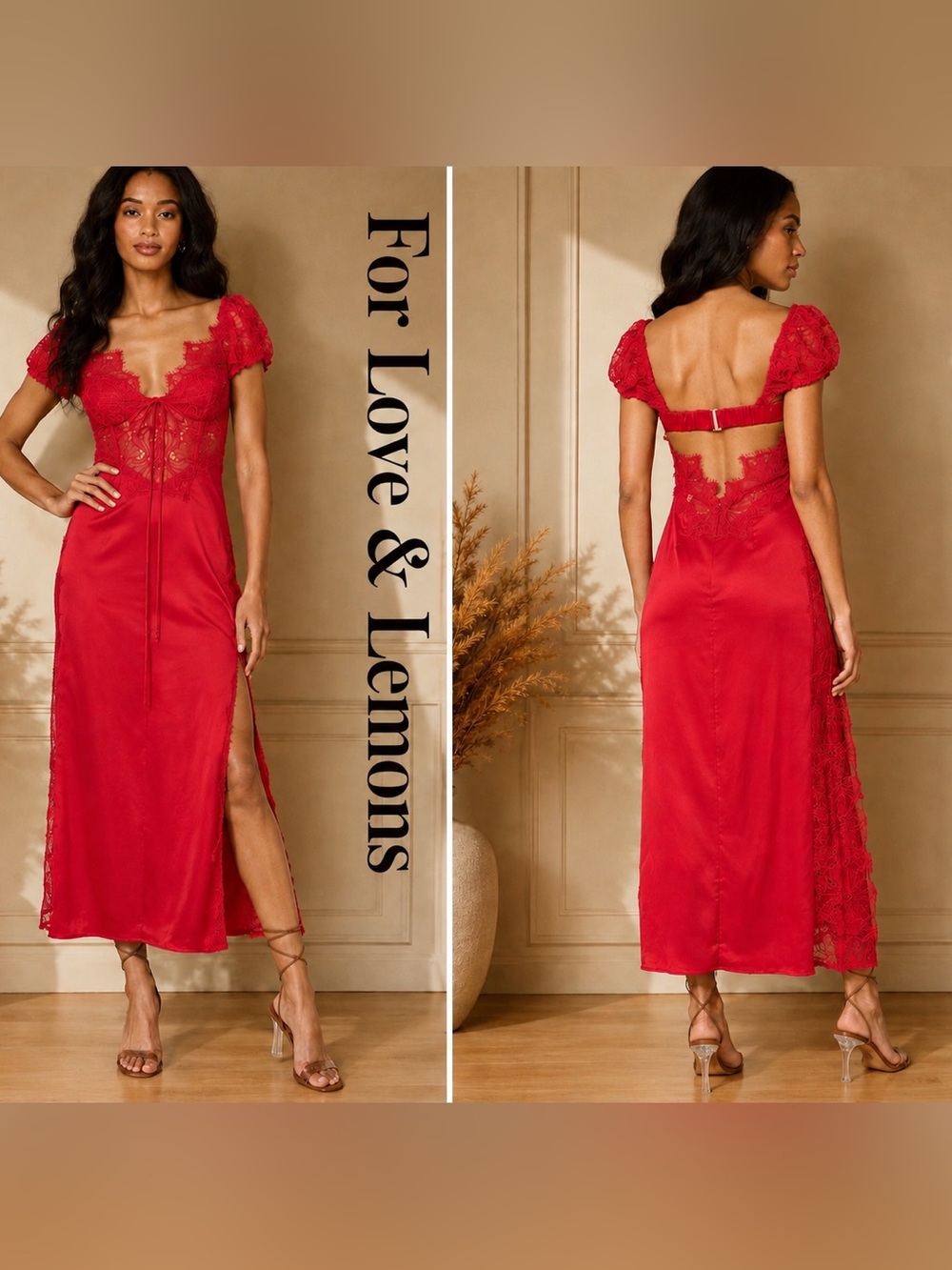 For Love & Lemons Casey Maxi Dress Red Lace Size Large